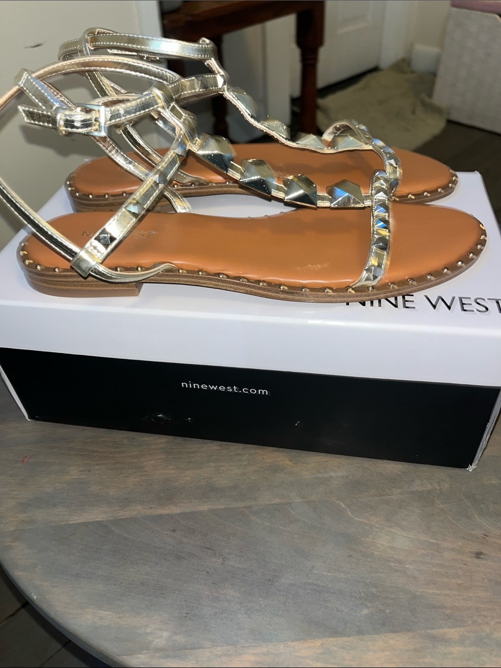 Nine West Metallic Gold Studded Gladiator Flat Sandals